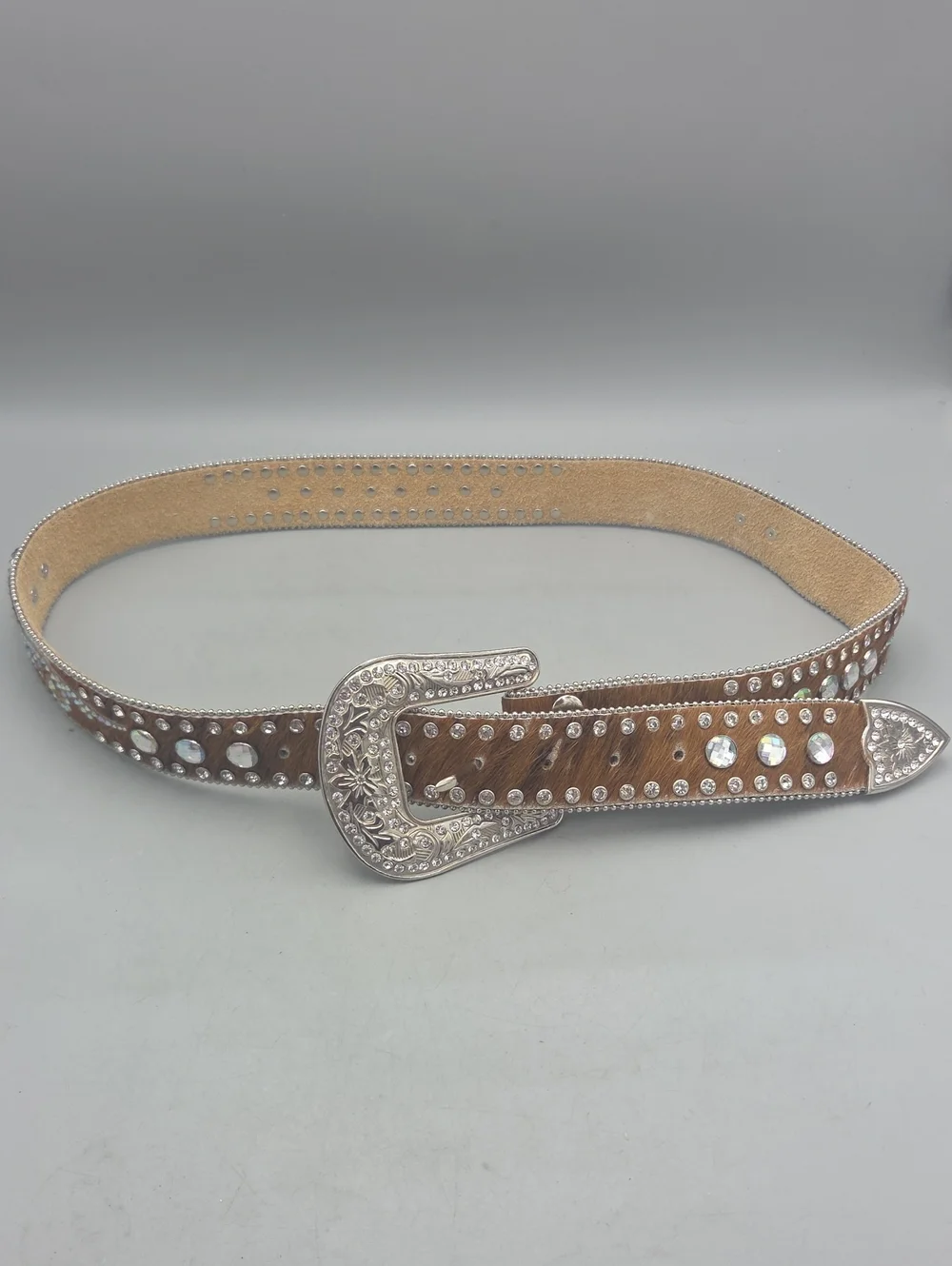 Nocona Genuine Leather Calf Hair on Hide Rhinestone Belt Rodeo Western Bling